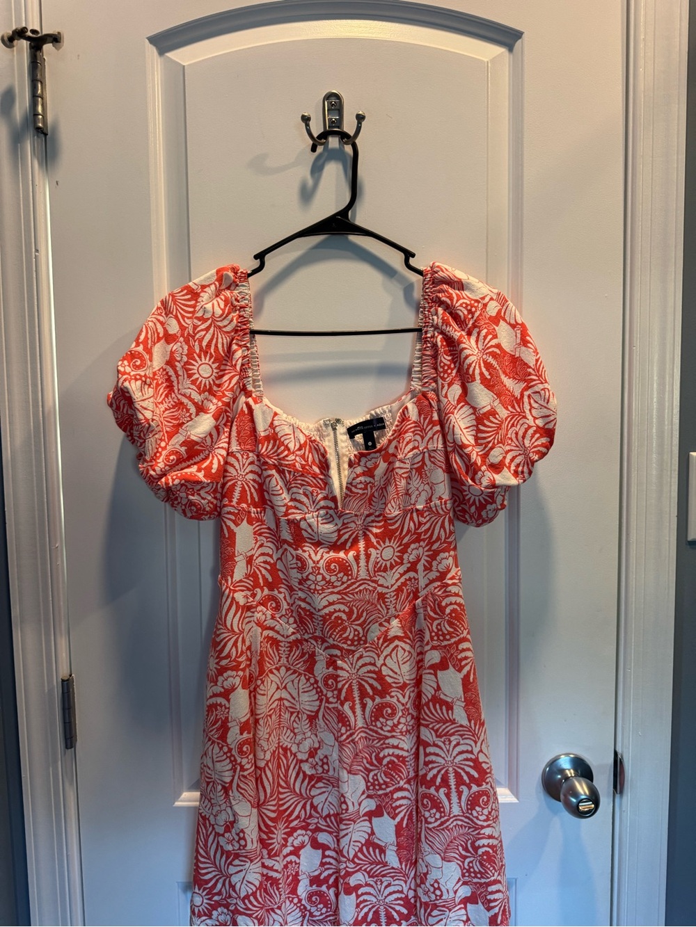 Coral Tropical Print Puff-Sleeve Mini Dress